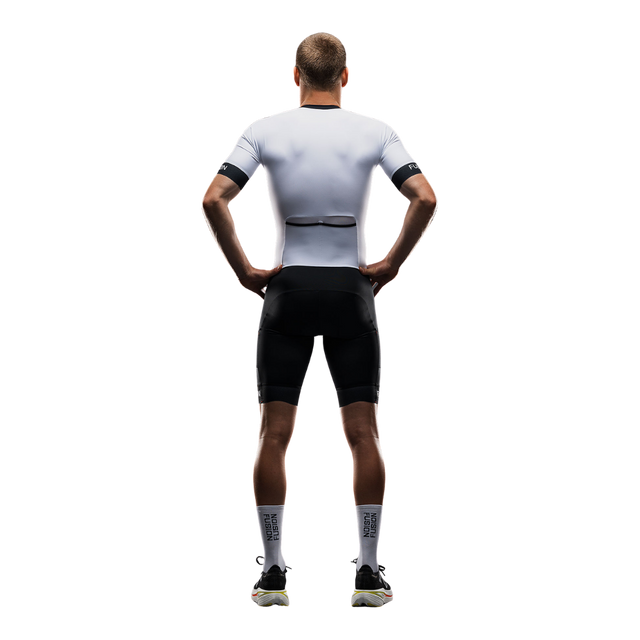 Back view of the FUSION Tempo! THREE Unisex Tri Suit in Black showing the aero back pocket
