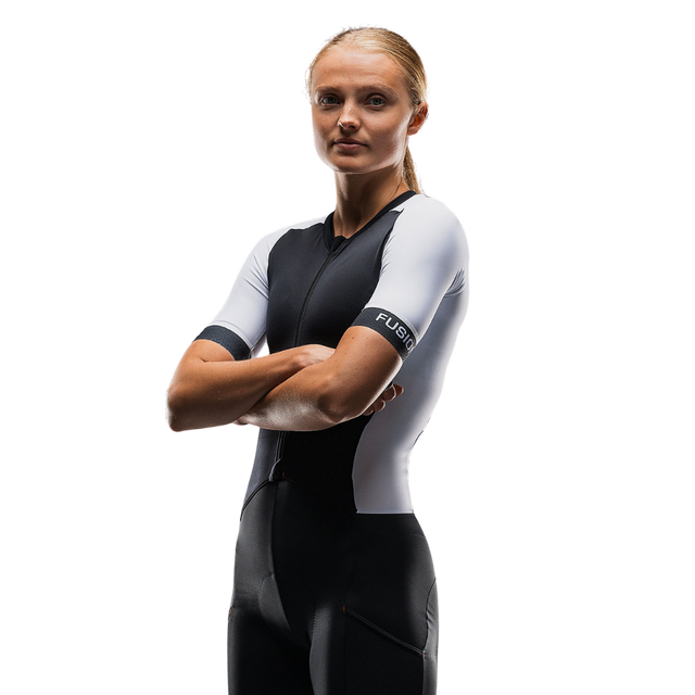 Front angled view of the FUSION Tempo! THREE Unisex Tri Suit in Black