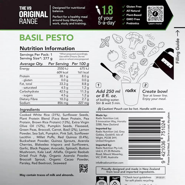 Radix Nutrition - Original Meals v9.0 - Basil Pesto (600 Kcal) - Nutrition