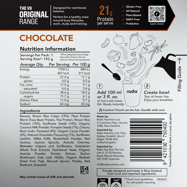 Radix Nutrition - Original Breakfast v9.0 - Chocolate - Nutrition