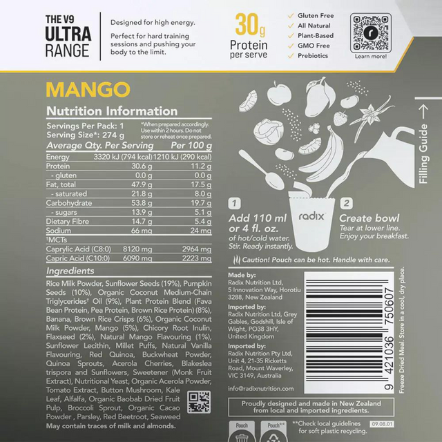 Radix Nutrition - Ultra Breakfast v9.0 - Mango - Nutrition