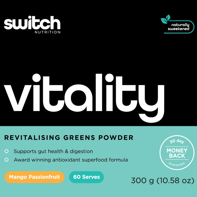 Switch Nutrition - Vitality Super Greens Powder - Mango Passionfruit Label