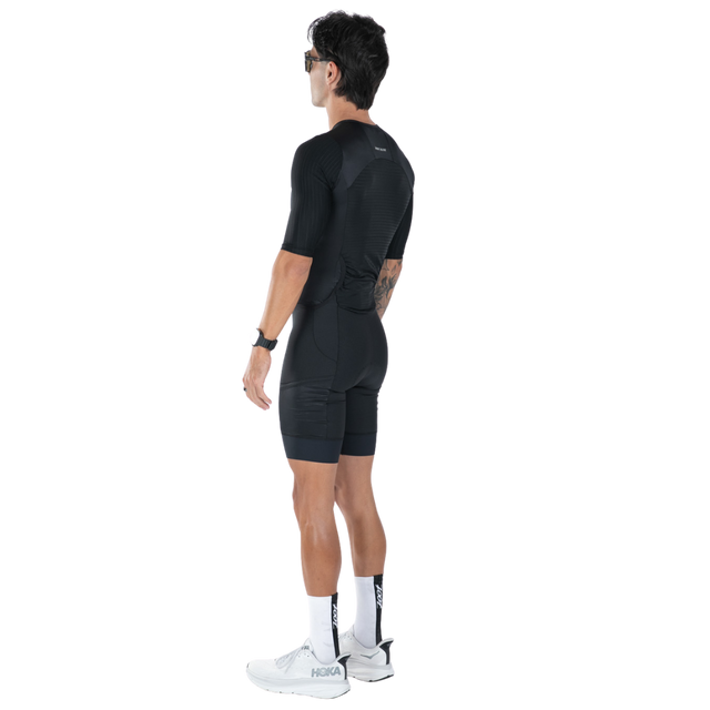 Zoot Men's Elite P1 Tri Aero FZ Racesuit in Jet Black colourway - back angle view