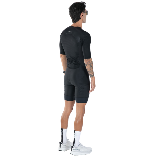 Zoot Men's Elite P1 Tri Aero FZ Racesuit in Jet Black colourway - back angle view, alternate