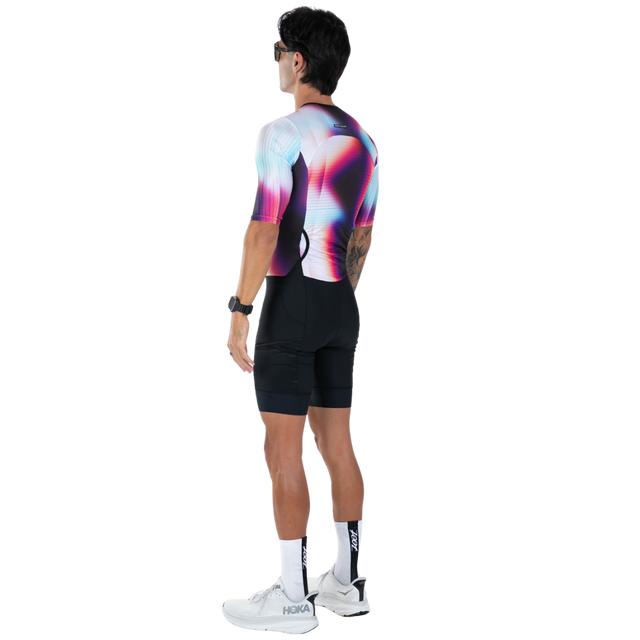 Zoot Men's Elite P1 Tri Aero FZ Racesuit in Sonic Shift colourway - back angle view