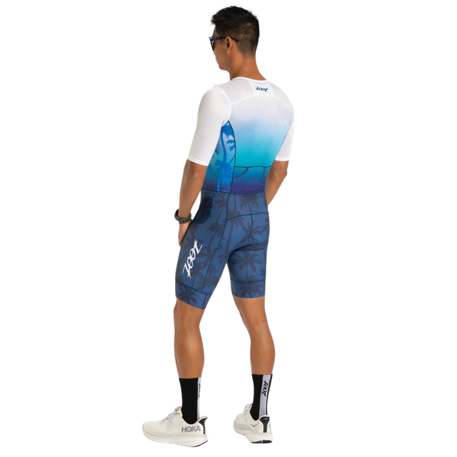 Zoot Men's Ltd Tri Aero FZ Racesuit in Paradise colourway - back angle view, alternate