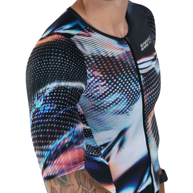 Zoot Men's Ultra Tri P1X Racesuit in Afterburn colourway - close-up of sleeve fabric detail