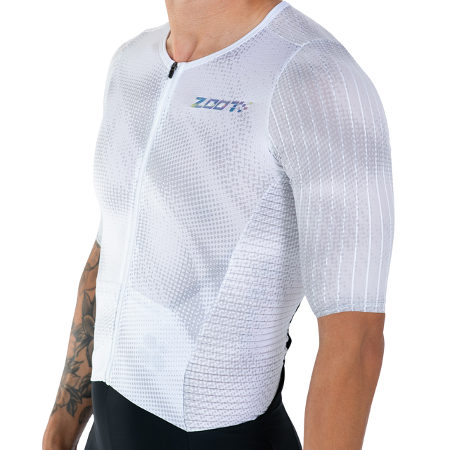 Zoot Mens Ultra Tri P1X Racesuit in Chrome, front fabric print detail