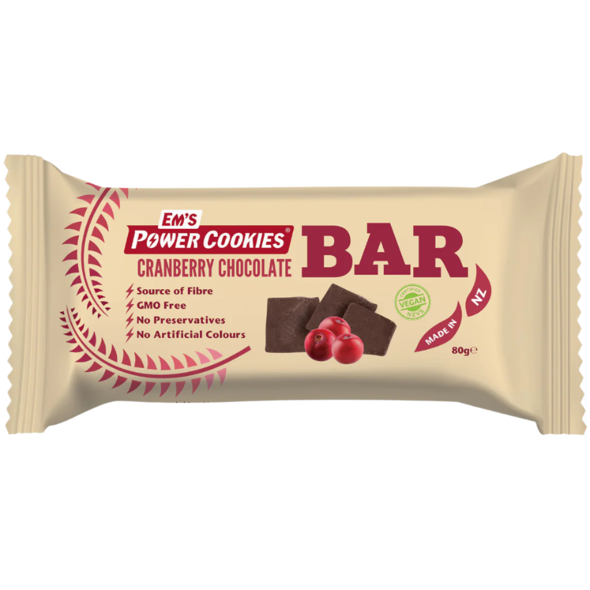 Em's Power Cookies - Energy Bars - Cranberry Chocolate (Vegan) 80g